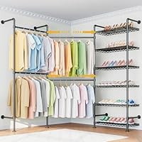 Wooruy Heavy Duty Clothes Rail with 6 Shelves 2 Expandable Rods,Wall Mounted Clothing Rails Expandable Industrial Pipe,Metal Garment Rail Rack with Adjustable Shelves for Clothes,Shoes,Bags,Black