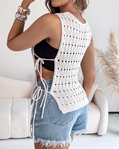 CHICME Womens Sweater Vests Knit Sleeveless Side Tie Crochet Top Fall Crewneck Hollow Out Beach Tank Cover Ups2