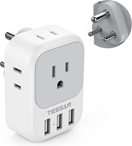 TESSAN Adaptador de enchufe de EE. UU. a India, adaptador de corriente 7 en 1 con 4 salidas de CA, 3 puertos de carga USB, adaptador de viaje para