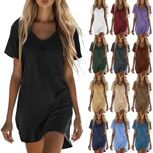 RLEHJN Robe Tunique Femme Ete Fluide Ample Longue Robe Midi en Coton Et Lin Col en V Robes D'Été À Manches Courtes Couleur Unie Robes Femme Chic Et Elegant...