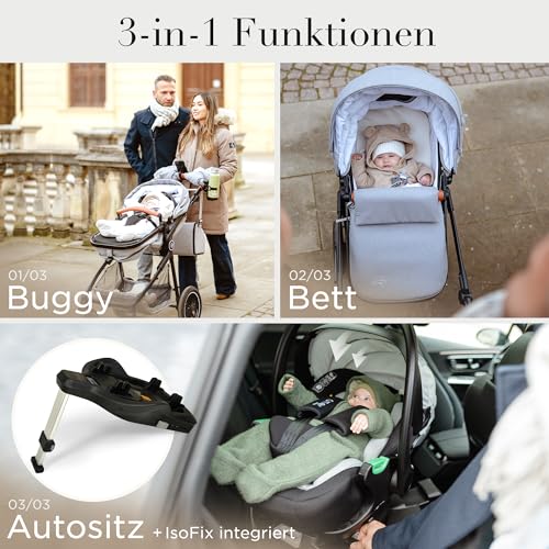 Kinderwagen 3 in 1 [Babywagen & Autositz] mit Babyschale Fahrgestell Kombi als Set | Stroller Baby | Isofix Station & 5-Punkt Sicherheitsgurt Kinderwagen Buggy Reisebuggy Buggys | Babywagen