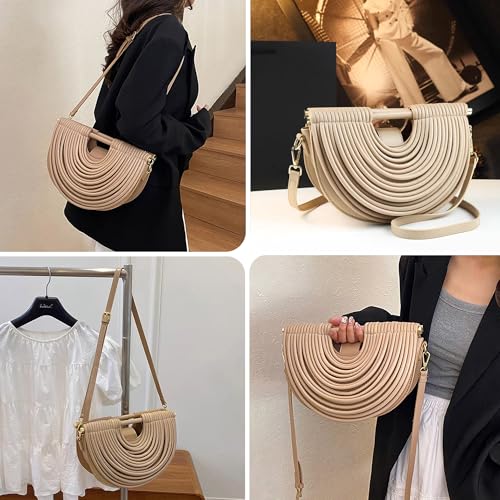 Image of Trendy Woven Evening Clutch Purse Half Round Designer Shoulder /Crossbody Bag Top-Handle Satchel Handbags