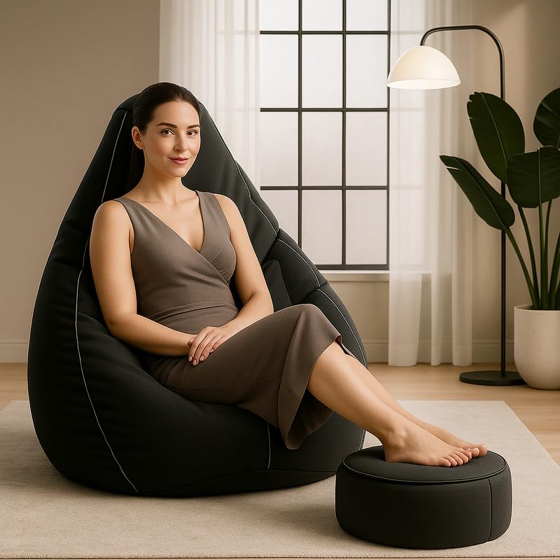 Image of Biggie Bean Bag Chair 4XL with Beans Filled-3D Zen Piping- Bean Bag with 3D Piping-Crafted for Comfort-Styled for Elegance with Free Cushion & Footrest (Matching Color : Piping, Black Light-Grey)