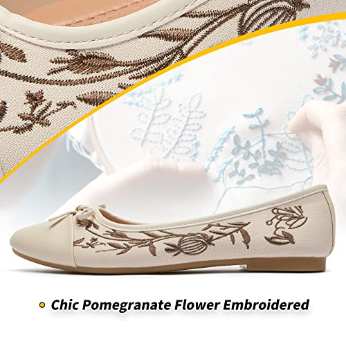 BABUDOG Womens Flats Shoes with Pomegranate Embroidery,White Flats with Bow,Comfortable Round-Toe Flats Shoes,Black Dress Shoes for Women(Soft Memory Foam Insole)2