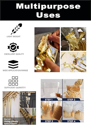 Image of UGLS Gold Leaf Sheets, 100 Sheets, 8 by 8.cm Warq & Gilding Glue 100.ML - Golden Foil Paper for Gilding, Resin Art, Decoration Crafting, Maysur Paintings, Arts Crafts, Nail Deco, DIY