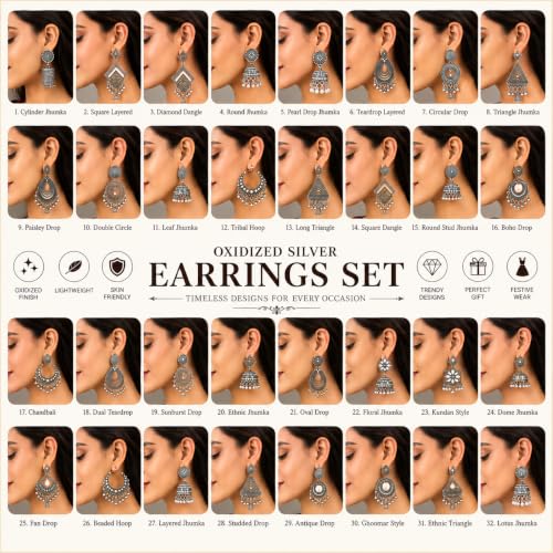 Image of Oxidized Silver Earrings for Women | Traditional Jhumka Chandbali Set | Antique German Silver Tribal Jewellery | 6 Pairs Combo