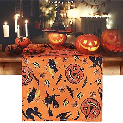 SARAFLORA Halloween Table Runner - Orange Table Runners 14 x 120 Inches Long with Pumpkin Bats Pattern, Wrinkle Resistant Washable Holiday Table Runner for Party Dinner & Dining Room Table Decoration Cover