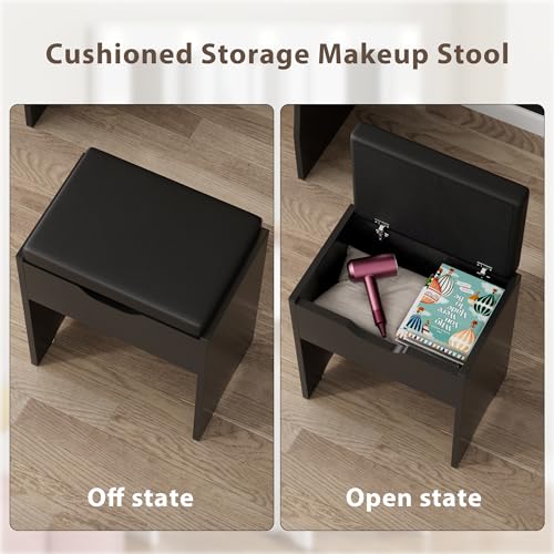 Image of Furmax Vanity Desk Set with Large Lighted Mirror, 35.4 Inch Makeup Vanity Table with 2 Drawers, Cushioned Storage Stool, 3 Lighting Modes Brightness Adjustable, Dressing Table for Bedroom (Black)