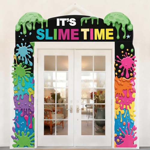 3PCS Its Slime Time Door Decorations Porch Banner Colorful Graffiti Splash Paint Photo Background Fiesta Slime Children Happy Birthday Party Hanging Backdrop Props Supplies Photography