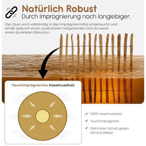 BOOGARDI Gartenzaun Holz in 12 Größen · Staketenzaun 50 cm hoch aus Haselnuss · Holzzaun, Teichzaun, Zaun, Rollzaun, Garten, Sichtschutz, Jägerzaun · 50cm x 5m (Lattenabstand 7-9cm)