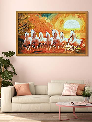 Image of 999STORE Fiber framed paintings for living room large horse photo frames wall horses painting with frame hanging home decor big (Canvas 36X54 Inches Golden) GOFLP36540071
