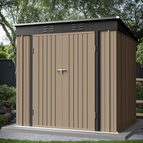 Greesum Outdoor Storage Shed All Weather 6FTx4FT Metal Garden Shed with Lockable Double Doors for Garden Tools, Toys and Sundries,Brown