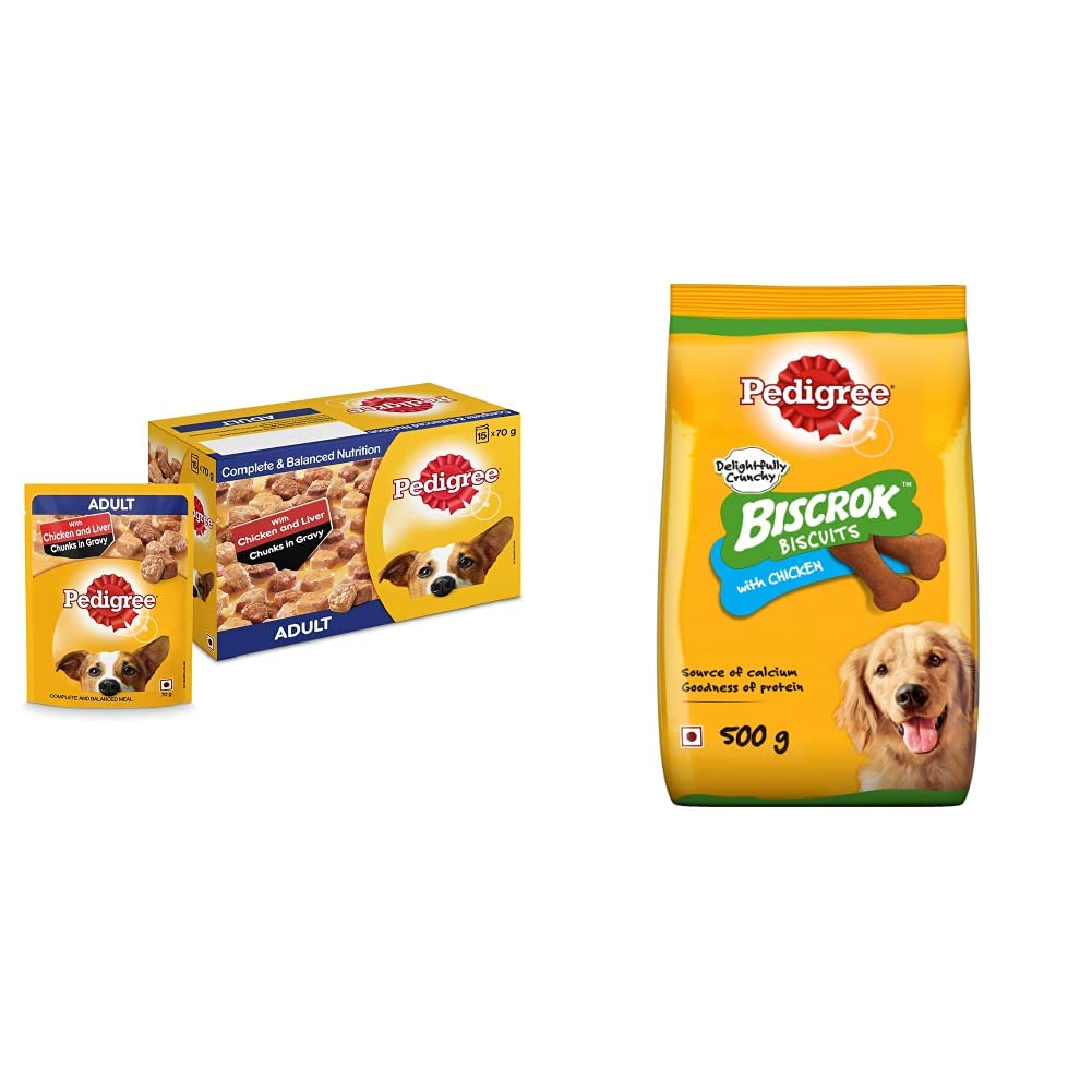 Pedigree Adult Wet Dog Food, Chicken & Liver Chunks in Gravy, 70 g (Pack of 15) & Pedigree Biscrok Biscuits Valentines Gift Dog Treat (Above 4 Months) Chicken Flavour, 500g Pack (B087DHV9KT) Amazon Price History, Amazon Price Tracker