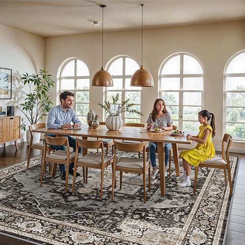 Living Room 12x12 Area Rug - Large Washable Area Rugs with Non Slip Backing Stain Resistant Carpet Indoor Soft Carpets Distressed Decoration Mat for Bedroom Dining Room 12x12 Black