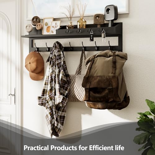 Image of AMBIRD 35 inch Wall Hooks with Shelf, Coat Rack Wall Mount, Large Coat Hanger for Wall, Entryway Shelf with 7 Dual Coat Hooks, 4 Key Hooks and Mail Organizer, Wooden Key Holder Rack (Black)