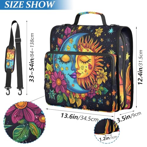 Image of 3 Ring Zipper Binder with Shoulder Strap Colorful Moon Sun Astrology 1.5 inch Binders Keeper Large Capacity Multi Pockets for School Office Supplies