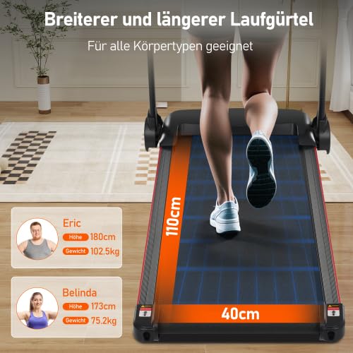 Tapis roulant pieghevole per la casa, pendenza dell'8%, motore da 3,0 CV, silenzioso fino a 14 km/h, superficie di corsa 110 × 40 cm, Bluetooth e display LED, portata 120 kg, console multifunzione, 12