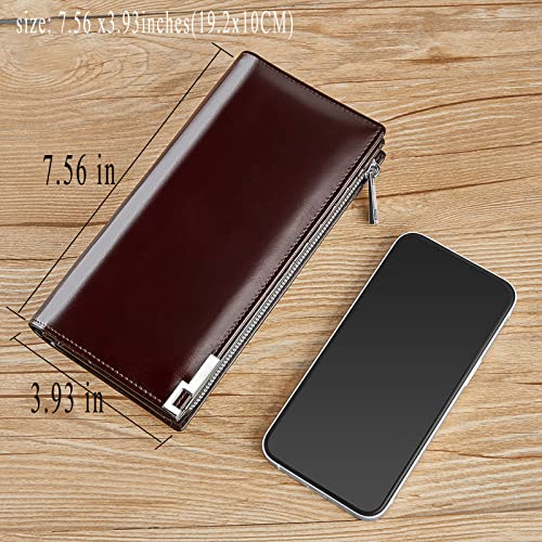 VANNANBA Long Wallet for Men with Zipper Leather Genuine Large Capacity Checkbook Clutch Purse for Travel Business Reddish brown/Black2