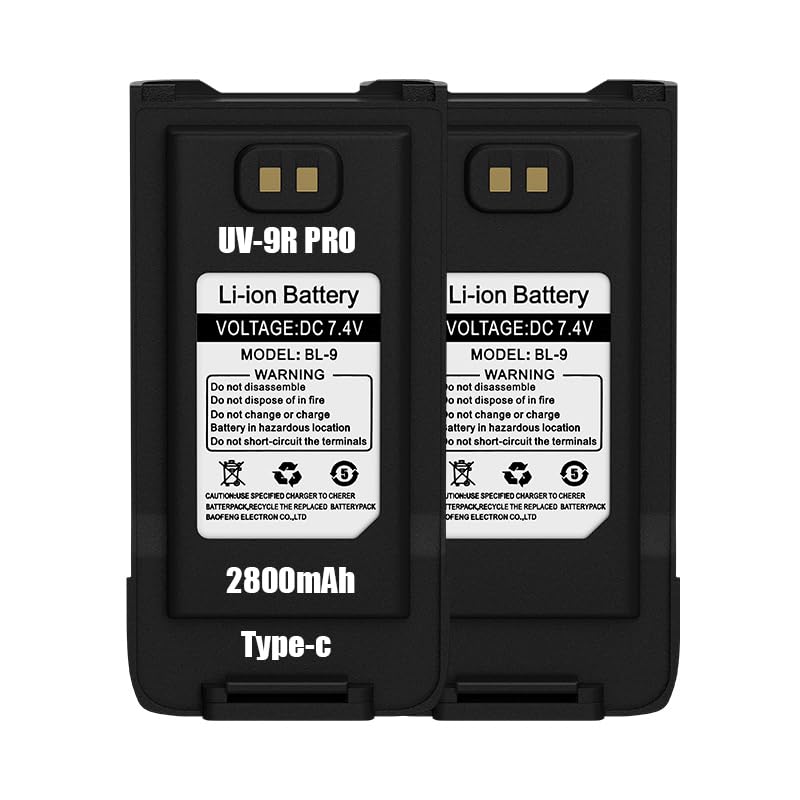 BAOFENG 2Pack UV-9R Pro Original Battery 2800mAh USB-C Charging Upgraded UV9R Pro BL-9 Li-Ion Battery for UV-9R Radio UV-9R Plus GMRS-9R BF-T57 Walkie Talkie Accessories
