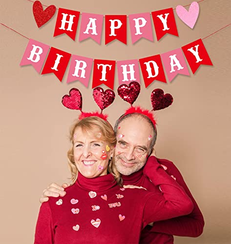 Image of FestikoHappy Birthday Banner for Valentine's Day Red Pink Valentine's Day Themed Birthday Banner with Glitter Heart Signs Valentines Birthday Paper Banner for Home Wall Party Decorations Supplies