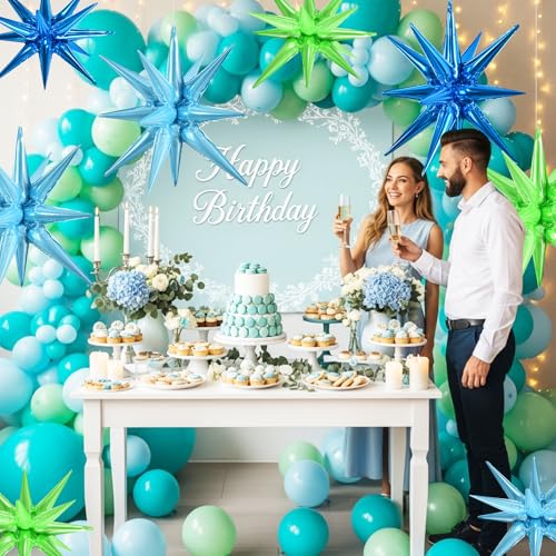 Image of TONIFUL 8 Pcs Blue and Green Explosion Star Foil Balloon Party Decoration | 22 Inch Large Mylar Star Balloons for Ocean & Sea Creature Baby Shower Dinosaur Themed Birthday Summer Pool Party Decorations