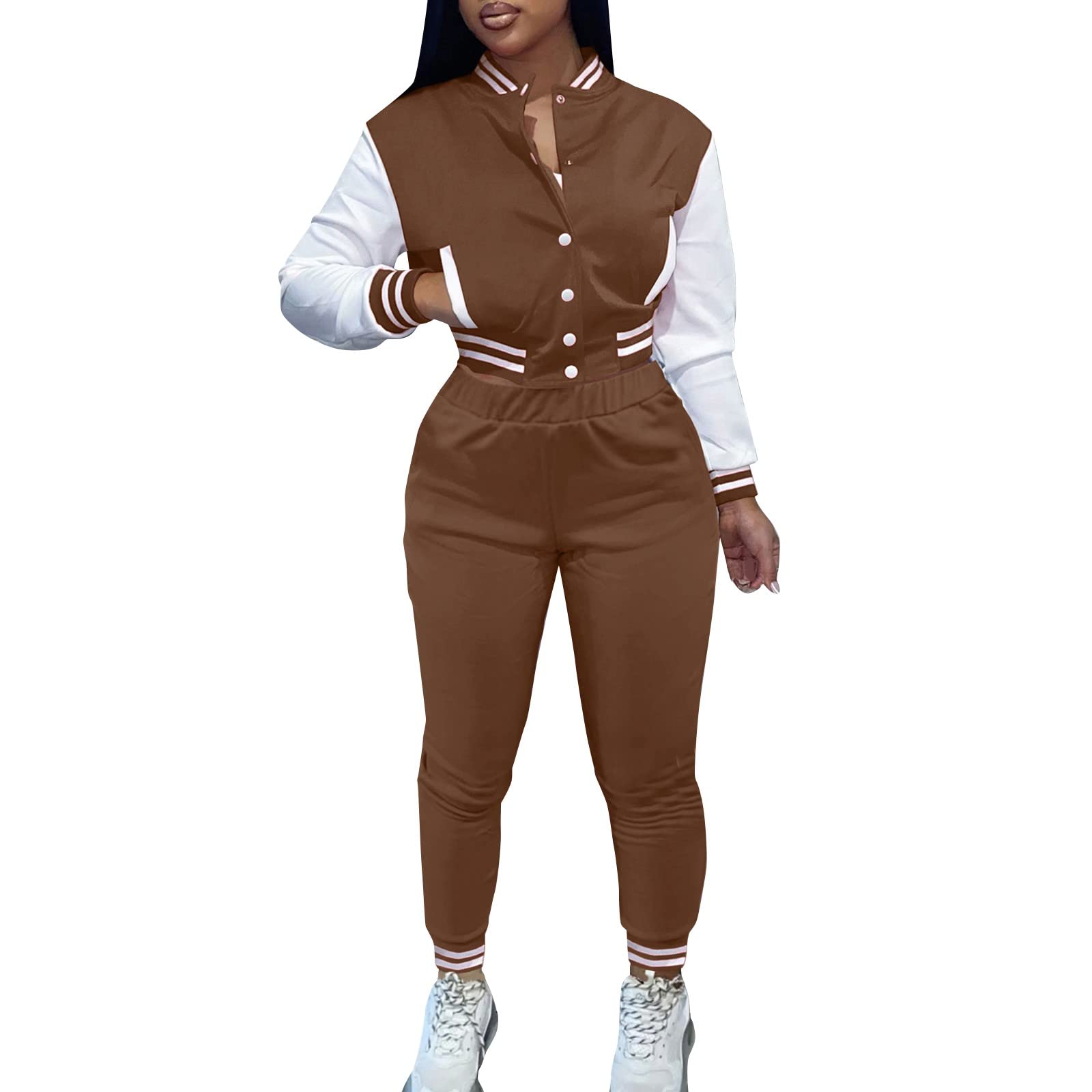 KOUZHAOA Women Jumpsuits And Rompers Elegant Women Autumn Baseball Suit Two  Piece Set Solid Coat Long Pants Fashion Tracksuits Outfits Dress Pants