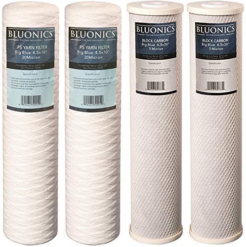 BLUONICS4-pack String-wound Yarn Sediment & Carbon Block Water Filters (5 Micron) size 4.5" x 20" Whole House Cartridges for Rust, Iron, Sand, Dirt, Sediment, Chlorine and Odors