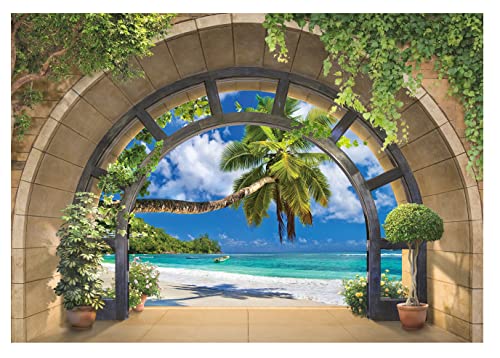 Forwall - Vlies Fototapete Fenster Strand Meer Palmen Natur Landschaft...