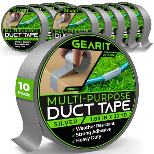 Image of GEARit Duct Tape with Heavy-Duty Adhesive (10-Pack, 1.88in, 30yd Each) Silver, Waterproof, Easy to Tear by Hand, Indoor Outdoor, Multi Surface Use, Professional Strength - 2 Inch, 10 Roll, 90 Feet