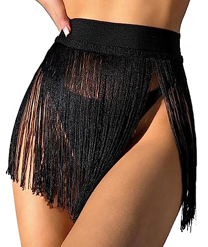 xxxiticat Women's Tassel Trim Beach Skirt High Waist See Through Swing Asymmetric Sheer Fringe Hem Bikini Cover Up Skirt