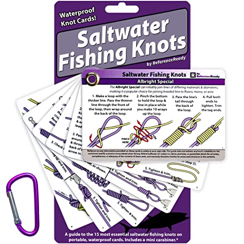 ReferenceReady Saltwater Fishing Knot Cards - Waterproof Pocket Guide to 15 Big Game Fishing Knots | Includes Portable Book of Inshore and Deep Sea Fishing Knots and a Mini Carabiner