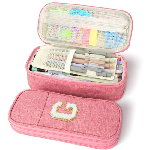 Image of Large Capacity Pink Pencil Case, Cute Pencil Case Pencil Pouch with Zipper For Girls Women, Expandable Preppy Pencil Bag Large Storage High Capacity Bag Organizer for School Home Office Supplies, G