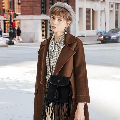 Image of Women Fashion Small Hobo Purse Fringe Designer Cell Phone Bag Suede Tassel Crossbody Bags Shoulder Handbag