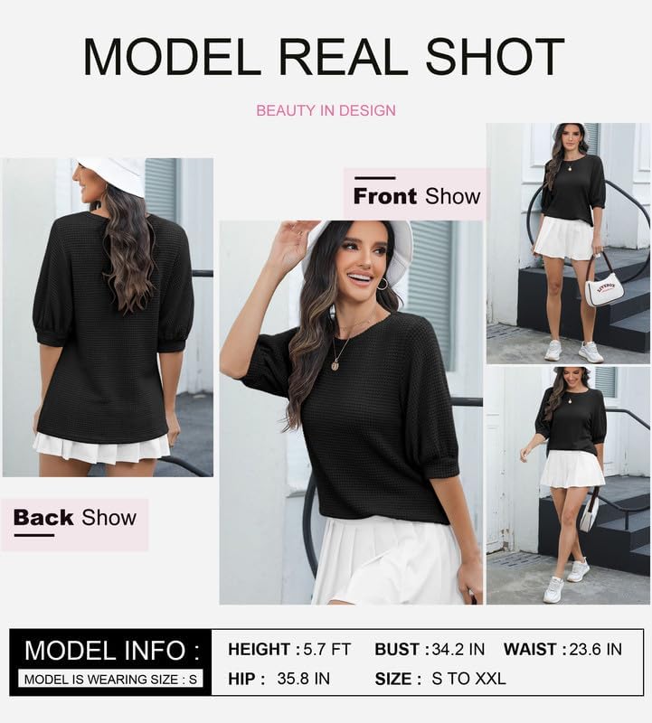Dokotoo Womens Summer Tops 2025 Casual Crewneck Short Lantern Sleeve Blouse Waffle Knit Pullover Shirts - Image 2