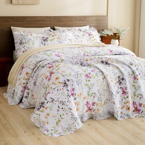 Sanracie Ruffle 100% Cotton Yellow Floral Oversized King Quilt(120"x120")