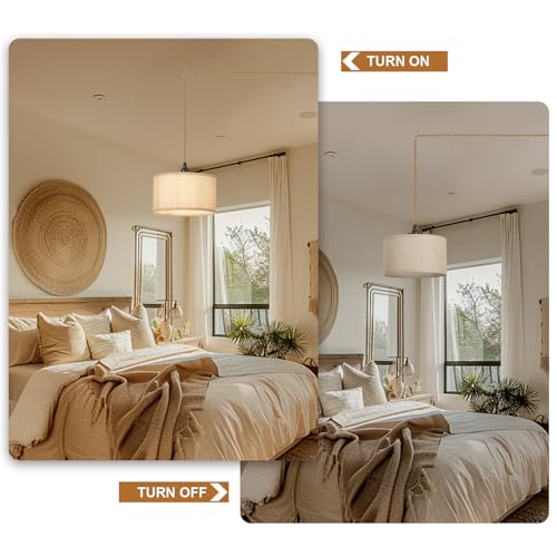 Image of Plug in Pendant Lights Fabric Hanging Lamp Kit with Dimmable Switch 15 Ft Long Hemp Rope Farmhouse Pndant Light Cord Lighting Fixture DIY Hanging Light