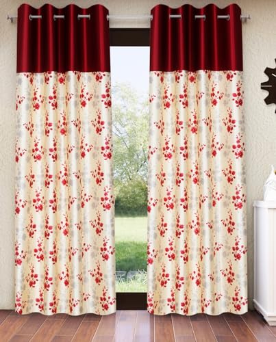Image of Home Sizzler 2 Pieces Solid Patch Bloom Burst Eyelet Polyester Door Curtains - 7 Feet, Maroon