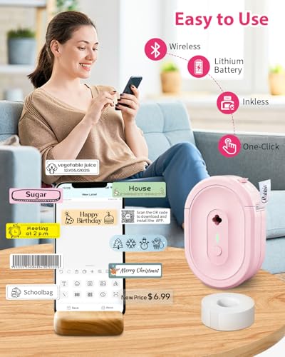 Image of Label Maker Machine with Tape, N12 Portable Bluetooth Label Printer, Wireless Mini Label Makers Thermal Sticker with Multiple Templates for Home, Kitchen, School, Office Organization, Pink