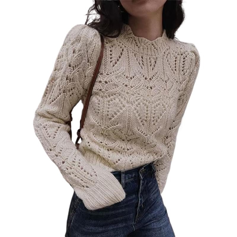 Women's Vintage Knit Sweater Hollow Out Puff Sleeve Short Pullover for Spring Summer Street wear Fashion