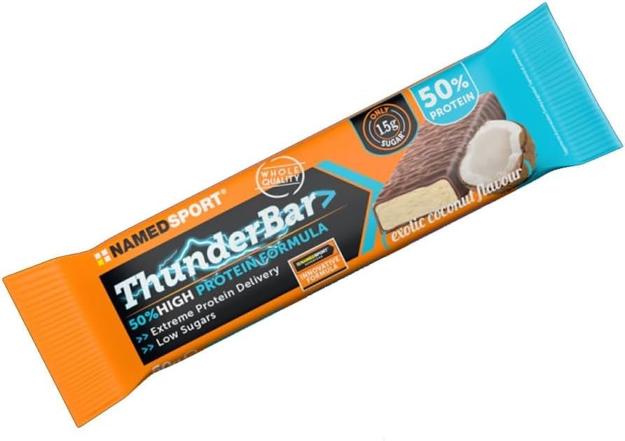 NAMEDSPORT Thunder Bar Excellent Coconut 24 x 50g | Barrette Proteiche 50% Proteine | Snack Proteici per Sport e Pre-Post Workout | Low Sugar | Barretta Energetica Ricoperta di Cioccolato