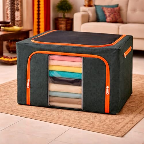 Image of DecorTwist Cloth Storage Organiser Box with Zipper Window | Foldable Wardrobe Storage | Dustproof & Stackable Style 15 (Style 3, Pack of 1)