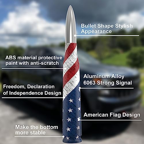 Image of Car Truck Antenna with Tire Stem Caps American Flag Anti-Theft Design, Universal Short Replacement for Ford F150 F250 F350 Raptor Dodge RAM GMC Sierra Chevy Silverado 1500 2500 3500, Silver