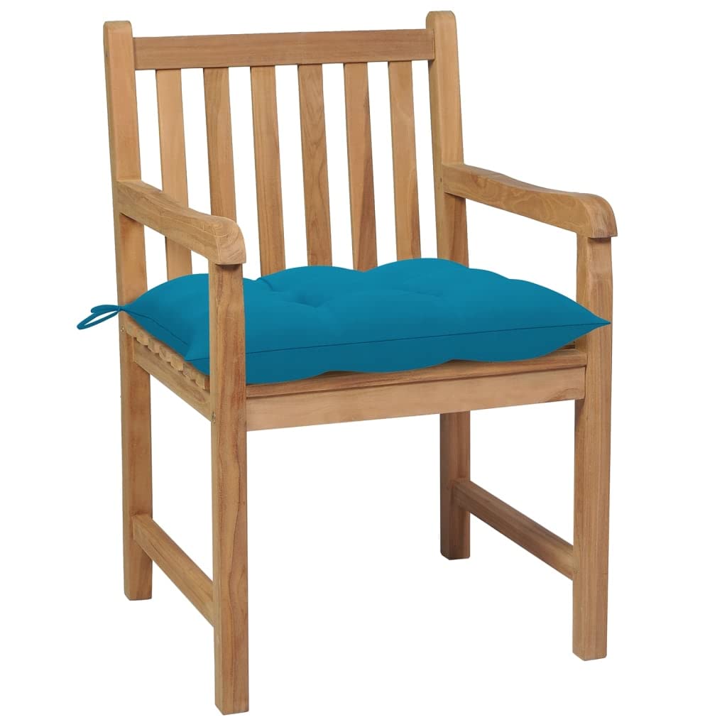 Set di 4 mobili da giardino in teak con cuscini azzurri, sedie in legno rustico per terrazza e giardino, in legno di teak massiccio, portata fino a 110 kg per seduta