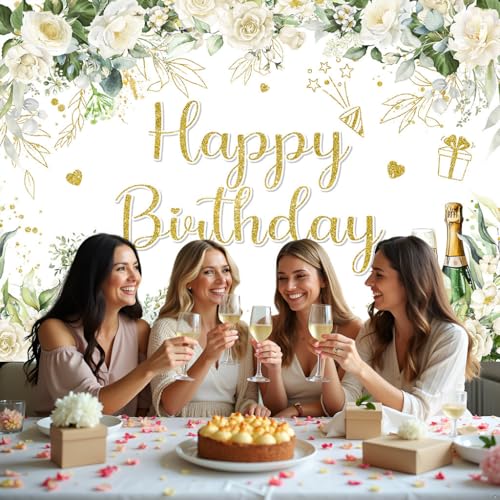 Image of Happy Birthday Banner Sage Green Birthday Decoration Backdrop 72x44inch White Flower Floral Greenery Eucalyptus Leaves Birthday Party Background Sprinkle Gold Dots Party Decorations for Women Adults