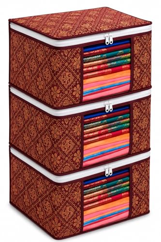 Image of LAXIS Saree Organiser for Wardrobe, Foldable Royal Print Saree Covers for Storage Set with Clear Window & Zipper, (Golden-Mahroon, Pack of 3)