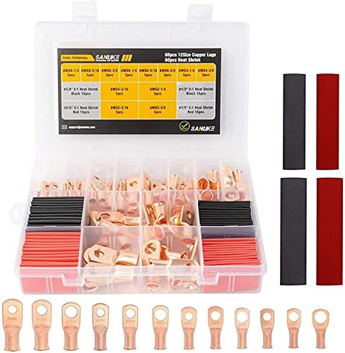 Sanuke 120Pcs AWG 8 6 4 2 Copper Wire Lugs with Heat Shrink Set, 60Pcs Heavy Duty Battery Cable Closed End Tubular Ring Terminals Connectors with 60Pcs Heat Shrink Tubing