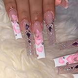 24 Pcs Heart Press on Nails Long Coffin French Tip Fake Nails Pink Heart False Nails with Rhinestone