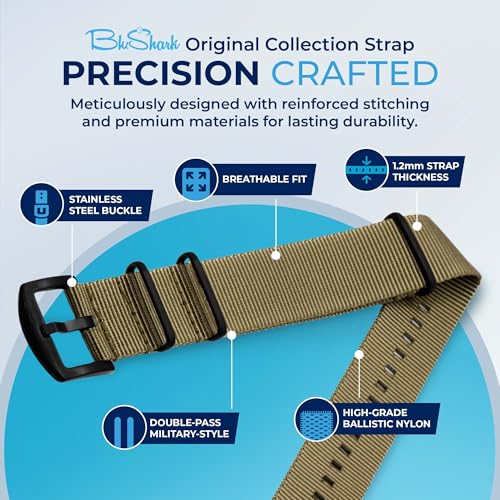 Image of BluShark - Original Collection Military-Style Waterproof Watch Strap, Fits All Timepiece Brands, Durable Nylon Wristwatch Accessories with Stainless Steel Buckle - 18mm, 20mm, 22mm & 24mm Watch Bands