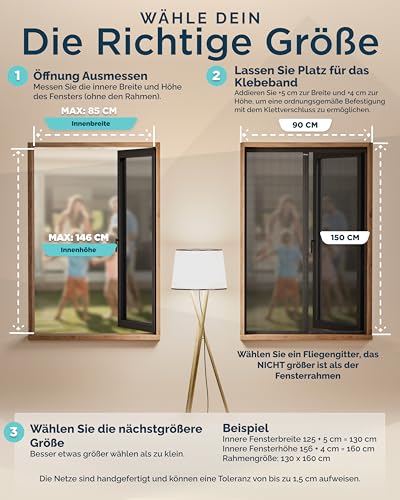 ARCOL Fliegengitter Fenster Magnet 90x150 cm aus Fiberglas – Schluss mit Mücken in 3 Min, Ultrafeines Insektennetz, Automatischer Verschluss mit Magneten & Gewichten, Extrabreites Klettband (Schwarz)