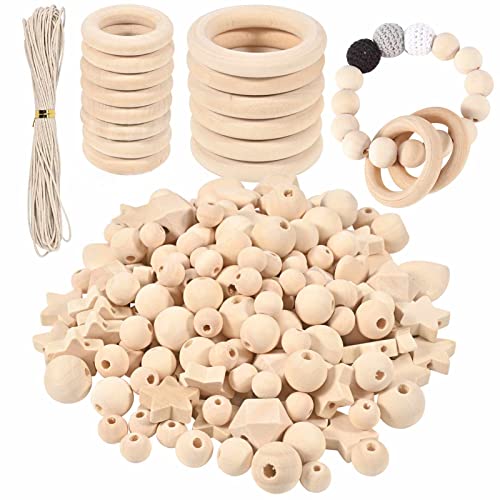 140 Pièces Perle en Bois Anneau Bois Kit,125 Pièces Perles Bois Macramé,14 Pièces Cercle en Bois,pour Fabrication de Bijoux Attrape Reve DIY Décoration Artisanat Accessoire ave Fil de Coton